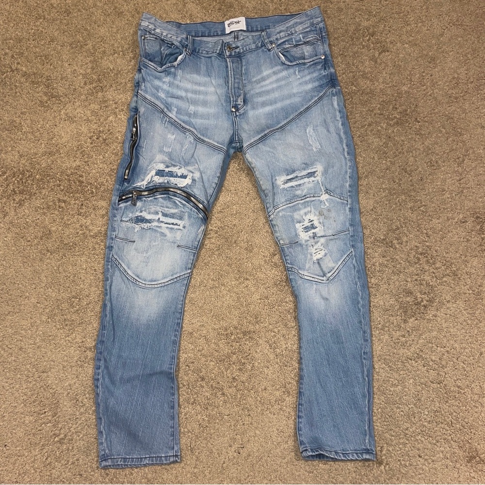 MacKeen Jeans Mens Light Blue Wash Moto Zipper Slim Jeans Size 40